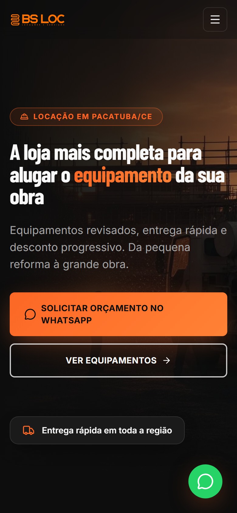 Visualização mobile da página inicial da BS LOC