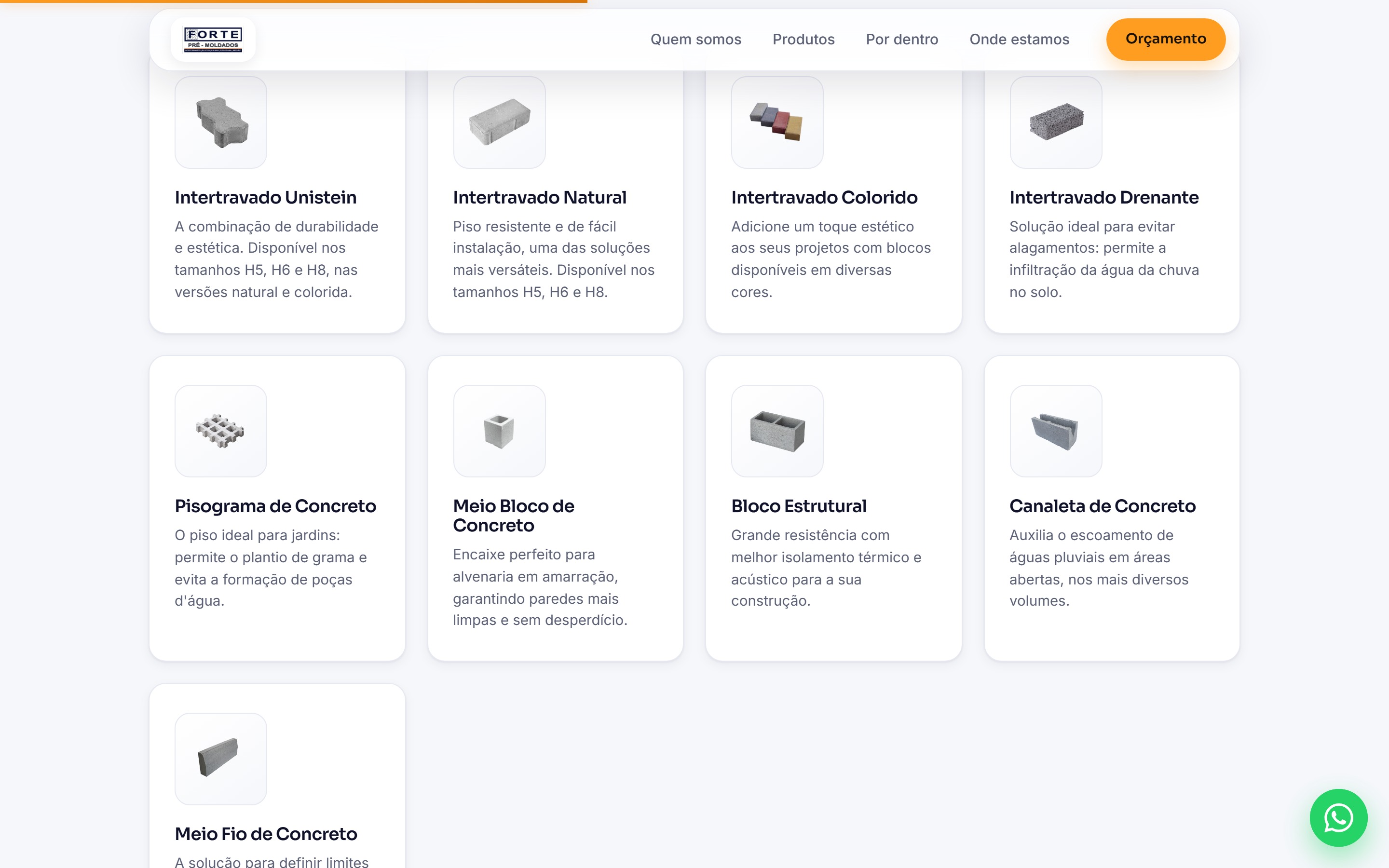 Categorias de produtos no site da Forte Moldados