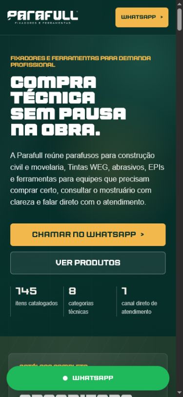Visualização mobile da página inicial da Parafull Fixadores